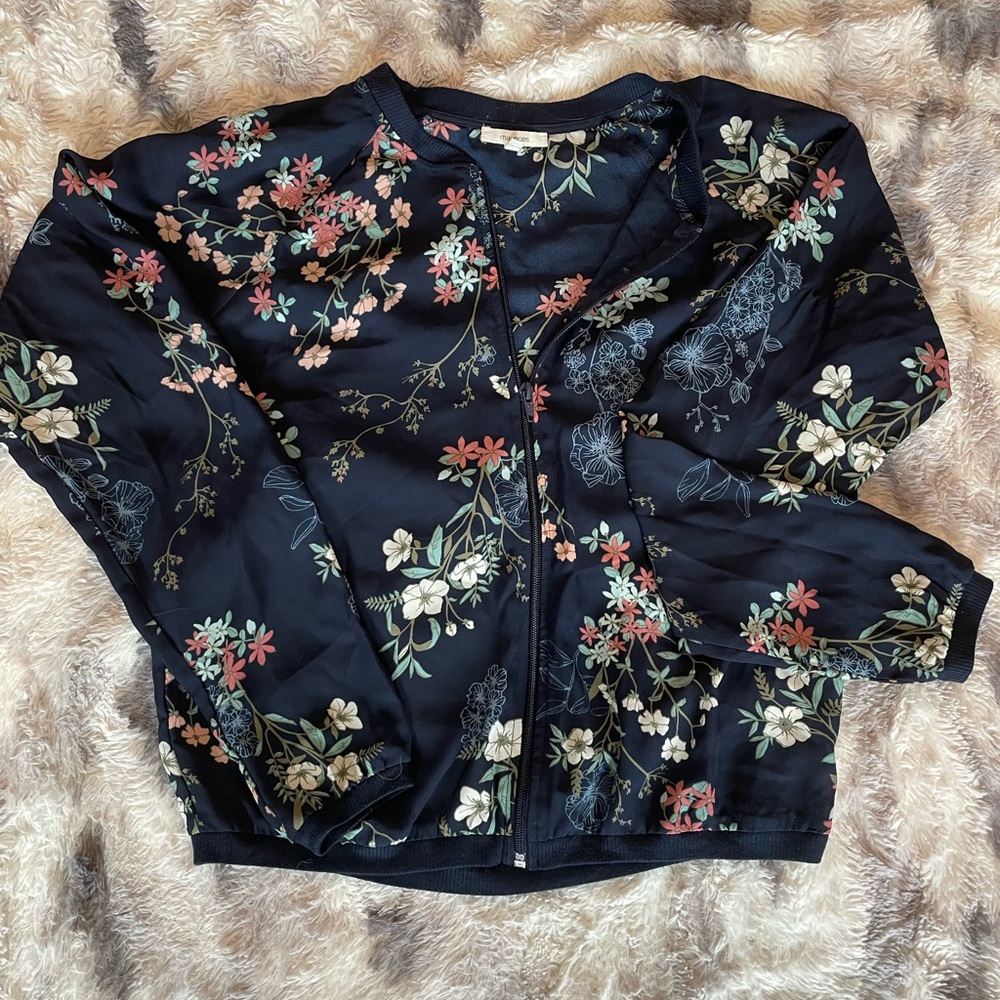 Navy floral chiffon bomber jacket